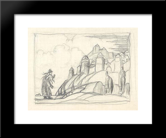 Sketch With Woman In Front Of City Walls 20x24 Black Modern Wood Framed Art Print Poster by Roerich, Nicholas