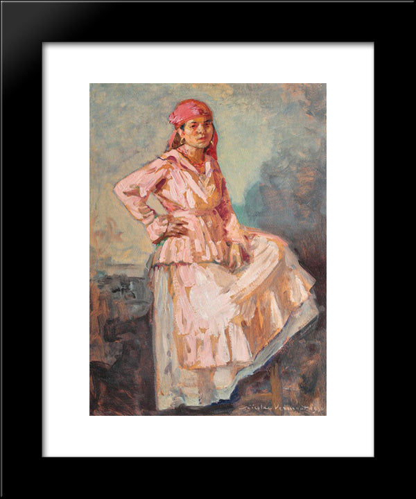 Gipsy Woman With Red Scarf 20x24 Black Modern Wood Framed Art Print Poster by Vermont, Nicolae