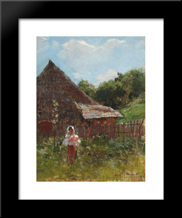 Peasant Woman With Flowers 20x24 Black Modern Wood Framed Art Print Poster by Vermont, Nicolae