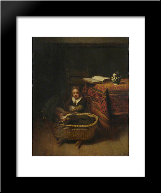 A Little Girl Rocking A Cradle 20x24 Black Modern Wood Framed Art Print Poster by Maes, Nicolaes