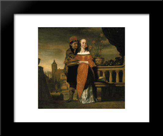 A Man Holding A Carnation To A Woman'S Nose. An Allegory Of The Sense Of Smell 20x24 Black Modern Wood Framed Art Print Poster by Maes, Nicolaes