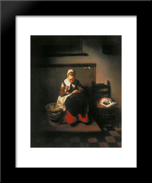 A Young Woman Sewing 20x24 Black Modern Wood Framed Art Print Poster by Maes, Nicolaes