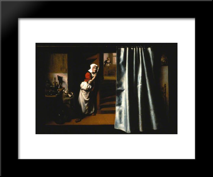 An Eavesdropper With A Woman Scolding 20x24 Black Modern Wood Framed Art Print Poster by Maes, Nicolaes