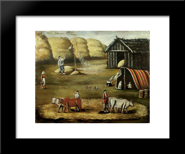 Threshing Yard. Evening. 20x24 Black Modern Wood Framed Art Print Poster by Pirosmani, Niko
