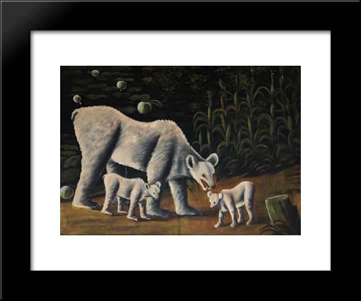White Bear With Her Cubs (In Cornfield) 20x24 Black Modern Wood Framed Art Print Poster by Pirosmani, Niko