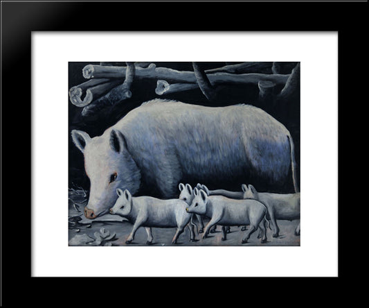 White Sow With Piglets 20x24 Black Modern Wood Framed Art Print Poster by Pirosmani, Niko