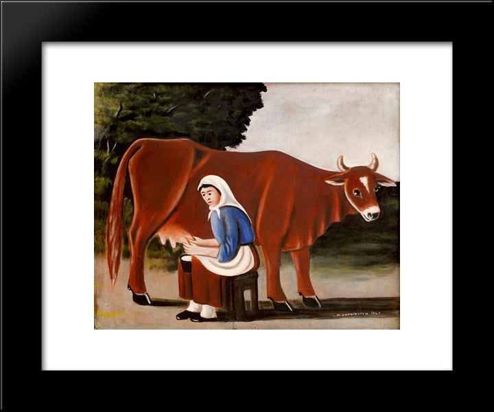 Woman Milks A Cow 20x24 Black Modern Wood Framed Art Print Poster by Pirosmani, Niko