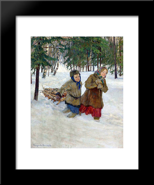 Children Carrying The Wood In The Snow, Winter 20x24 Black Modern Wood Framed Art Print Poster by Bogdanov Belsky, Nikolay