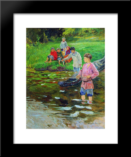 Children-Fishermen 20x24 Black Modern Wood Framed Art Print Poster by Bogdanov Belsky, Nikolay