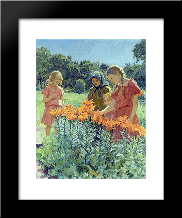 Gathering The Flowers 20x24 Black Modern Wood Framed Art Print Poster by Bogdanov Belsky, Nikolay