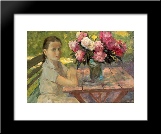 Girl With Peonies 20x24 Black Modern Wood Framed Art Print Poster by Bogdanov Belsky, Nikolay