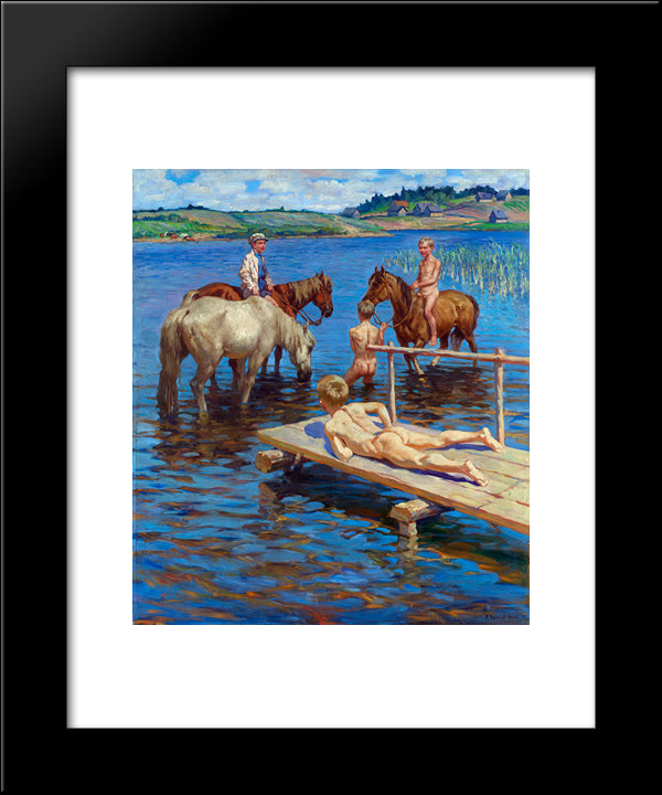 Horses Bathing 20x24 Black Modern Wood Framed Art Print Poster by Bogdanov Belsky, Nikolay