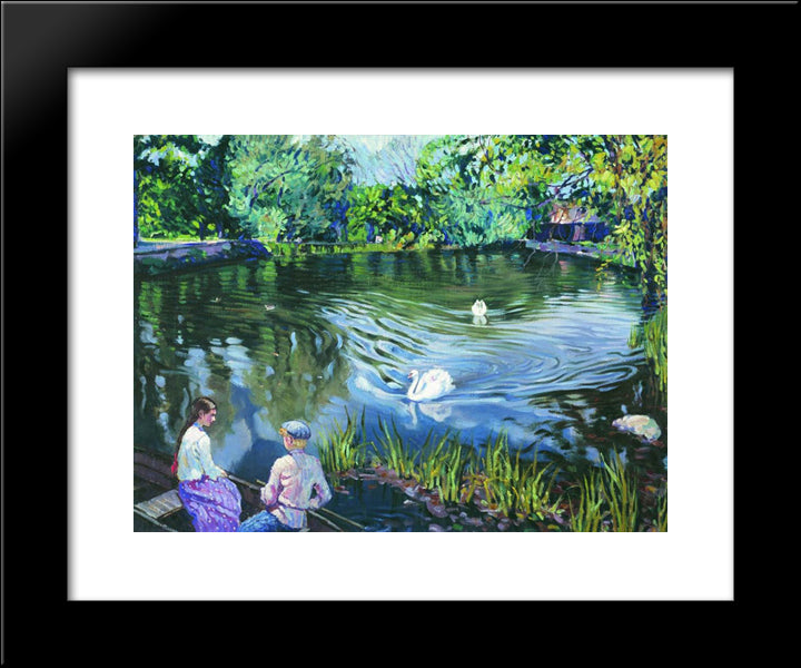 In The Boat 20x24 Black Modern Wood Framed Art Print Poster by Bogdanov Belsky, Nikolay