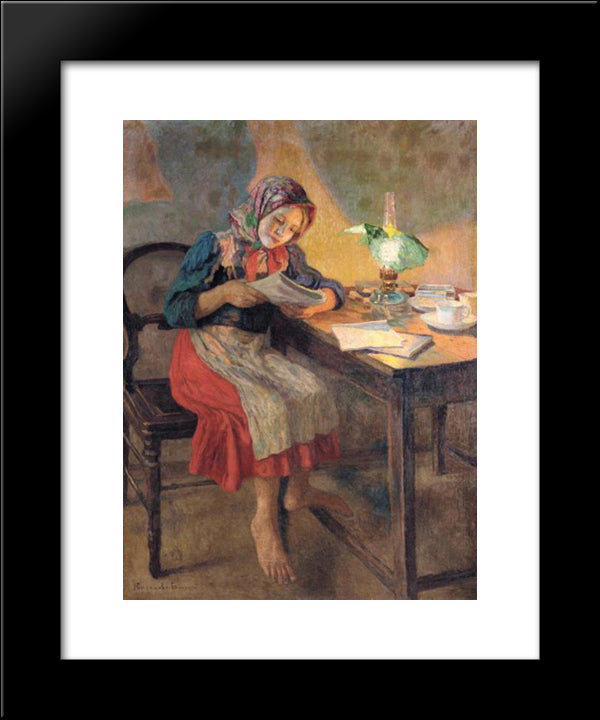 Reading By The Lamp (Schoolgirl) 20x24 Black Modern Wood Framed Art Print Poster by Bogdanov Belsky, Nikolay