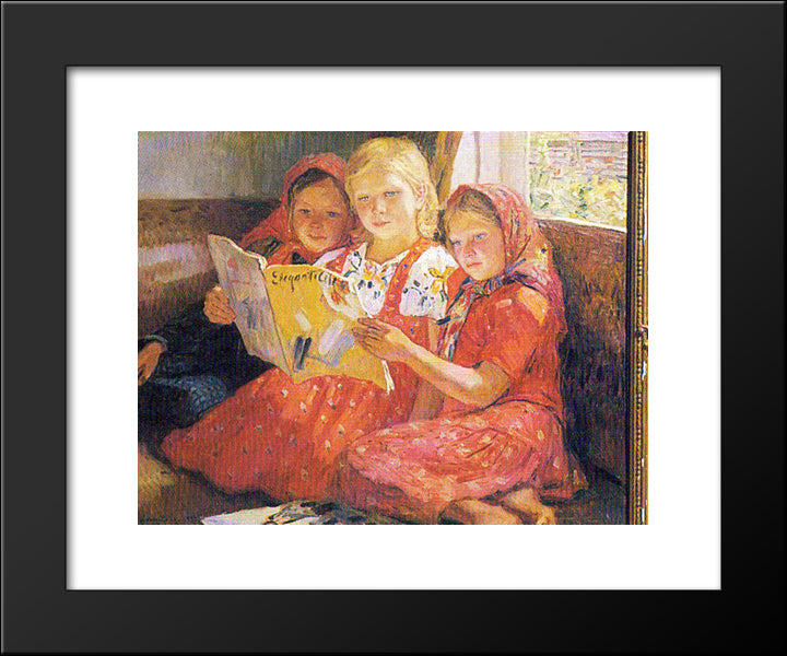 Reading Girls 20x24 Black Modern Wood Framed Art Print Poster by Bogdanov Belsky, Nikolay