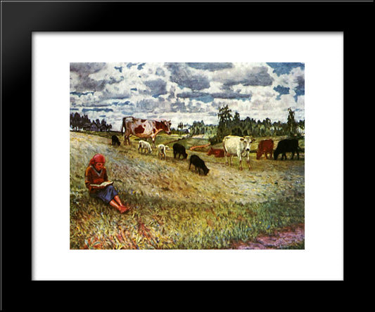 Shepherd Girl 20x24 Black Modern Wood Framed Art Print Poster by Bogdanov Belsky, Nikolay