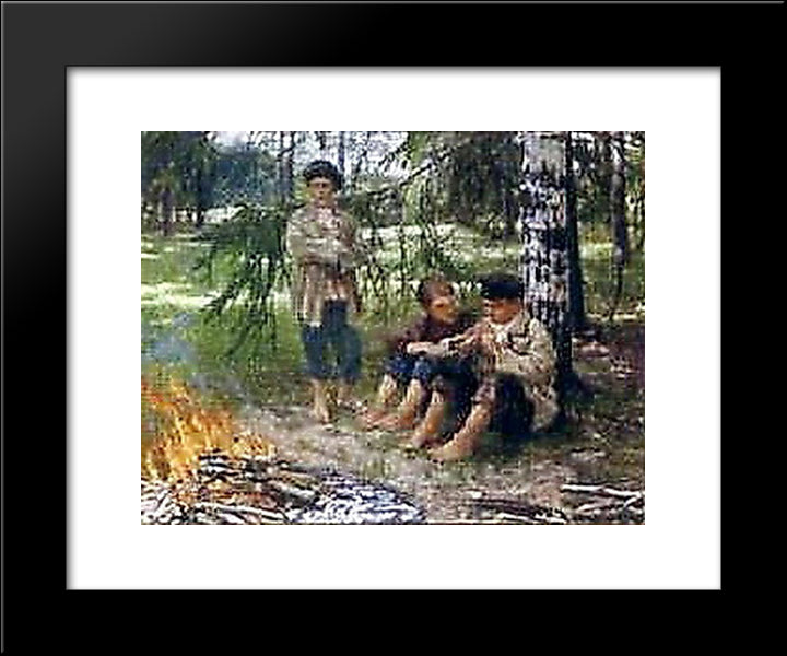 Three Boys In The Wood 20x24 Black Modern Wood Framed Art Print Poster by Bogdanov Belsky, Nikolay