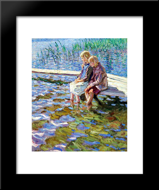 Two Girls On A Footbridge 20x24 Black Modern Wood Framed Art Print Poster by Bogdanov Belsky, Nikolay