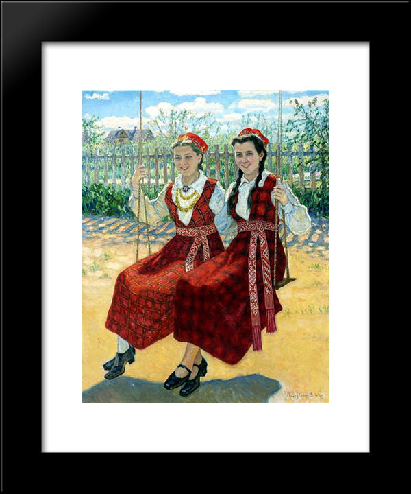Two Girls On A Swing 20x24 Black Modern Wood Framed Art Print Poster by Bogdanov Belsky, Nikolay