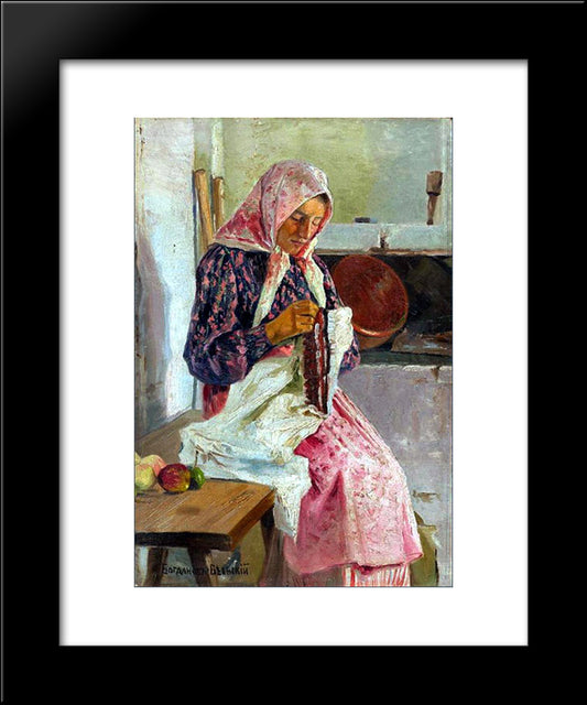 Woman Stitching The Shawl 20x24 Black Modern Wood Framed Art Print Poster by Bogdanov Belsky, Nikolay