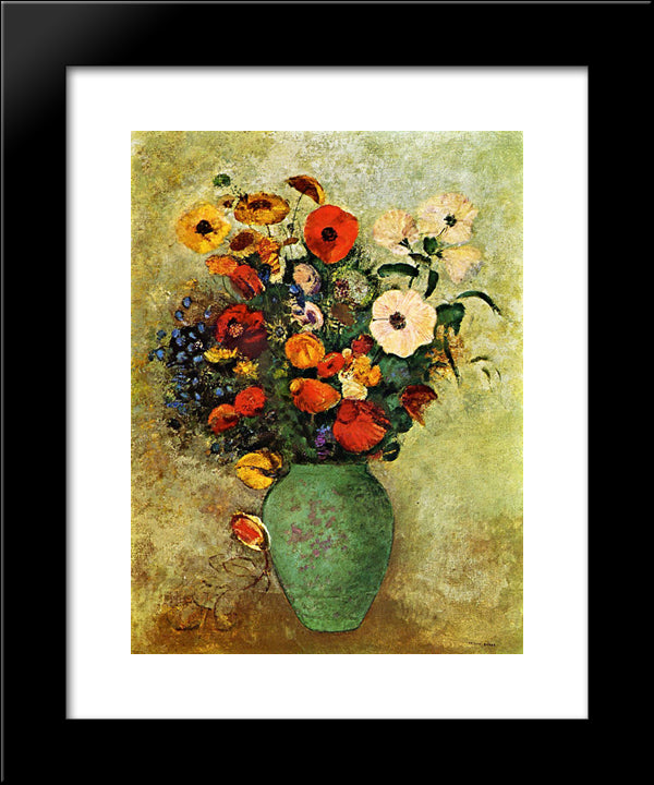 Bouquet Of Flowers In A Green Vase 20x24 Black Modern Wood Framed Art Print Poster by Redon, Odilon