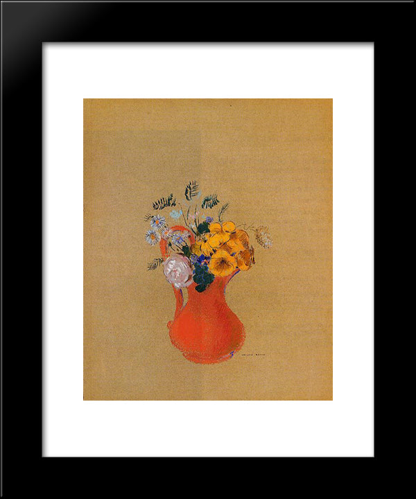 Flowers In A Red Pitcher 20x24 Black Modern Wood Framed Art Print Poster by Redon, Odilon