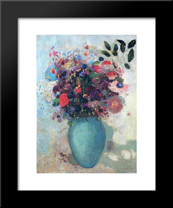 Flowers In A Turquoise Vase 20x24 Black Modern Wood Framed Art Print Poster by Redon, Odilon