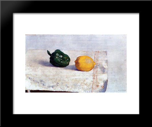 Pepper And Lemon On A White Tablecloth 20x24 Black Modern Wood Framed Art Print Poster by Redon, Odilon
