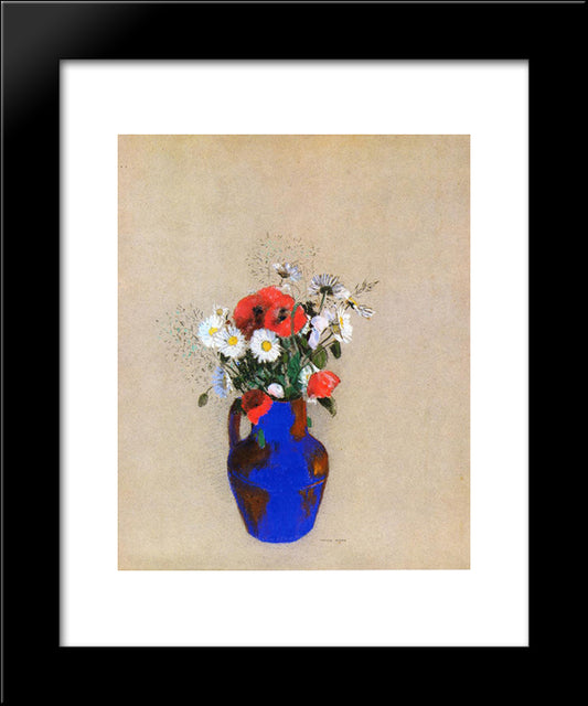 Poppies And Daisies In A Blue Vase 20x24 Black Modern Wood Framed Art Print Poster by Redon, Odilon