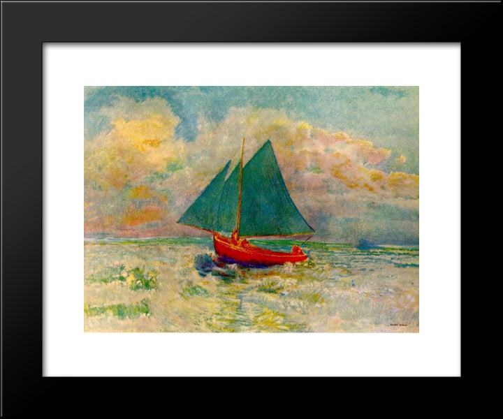 Red Boat With Blue Sails 20x24 Black Modern Wood Framed Art Print Poster by Redon, Odilon