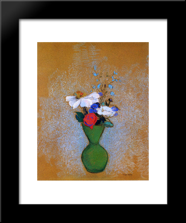 Rose, Peony And Cornflowers In A Green Vase 20x24 Black Modern Wood Framed Art Print Poster by Redon, Odilon