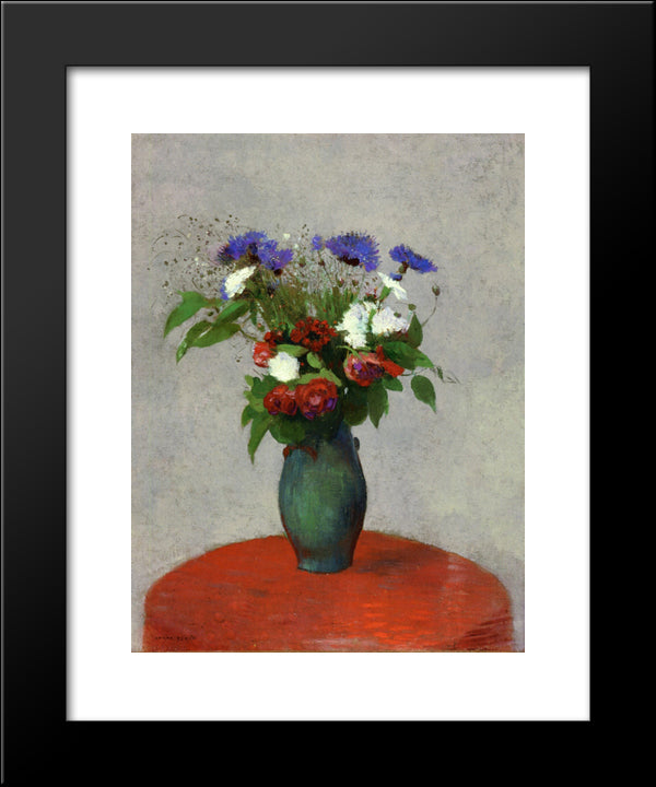 Vase Of Flowers On A Red Tablecloth 20x24 Black Modern Wood Framed Art Print Poster by Redon, Odilon