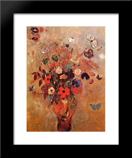 Vase With Flowers And Butterflies 20x24 Black Modern Wood Framed Art Print Poster by Redon, Odilon