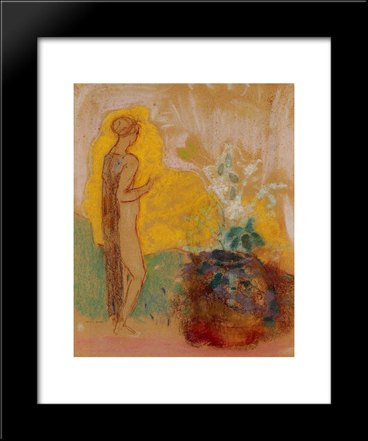 Woman And Stone Pot Full Of Flowers 20x24 Black Modern Wood Framed Art Print Poster by Redon, Odilon