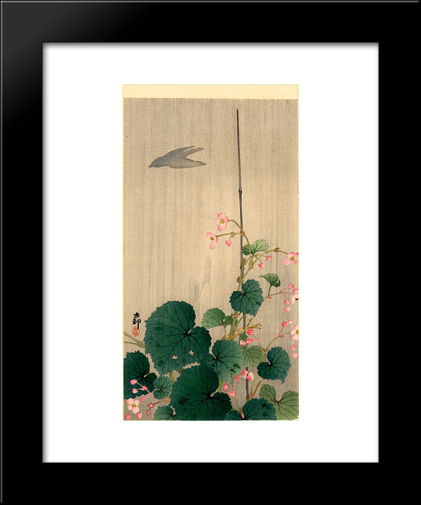 Bird And Begonias 20x24 Black Modern Wood Framed Art Print Poster by Koson, Ohara