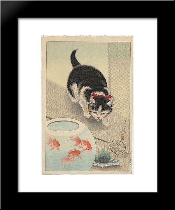 Cat And Bowl Of Goldfish 20x24 Black Modern Wood Framed Art Print Poster by Koson, Ohara