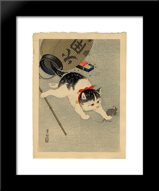 Cat Catching A Mouse 20x24 Black Modern Wood Framed Art Print Poster by Koson, Ohara