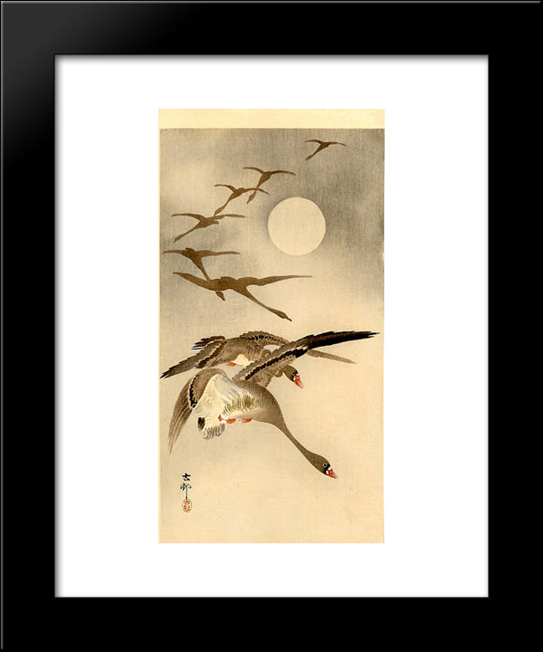 Eight White-Fronted Geese In Flight; Full Moon Behind 20x24 Black Modern Wood Framed Art Print Poster by Koson, Ohara