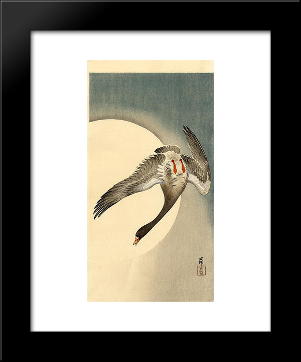 Flying White-Fronted Goose Seen From Underneath In Front Of The Moon 20x24 Black Modern Wood Framed Art Print Poster by Koson, Ohara