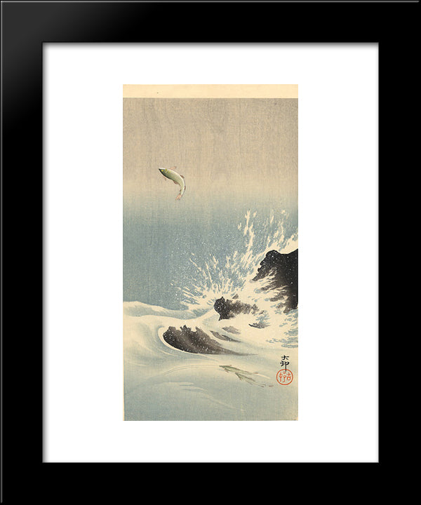 Leaping Salmon 20x24 Black Modern Wood Framed Art Print Poster by Koson, Ohara