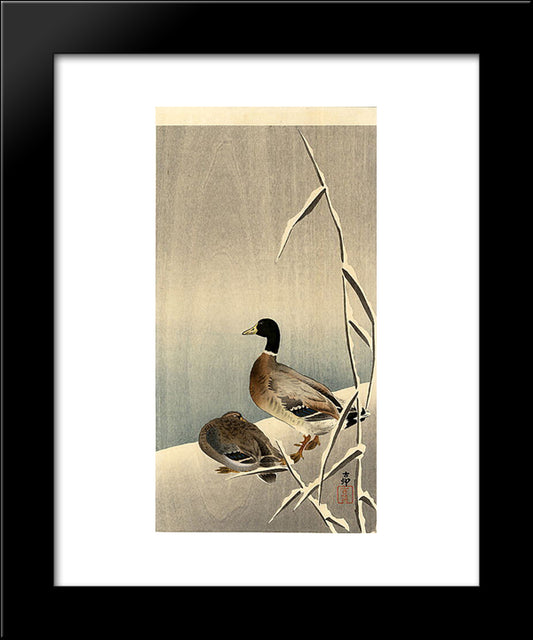 Mallards In Snow 20x24 Black Modern Wood Framed Art Print Poster by Koson, Ohara