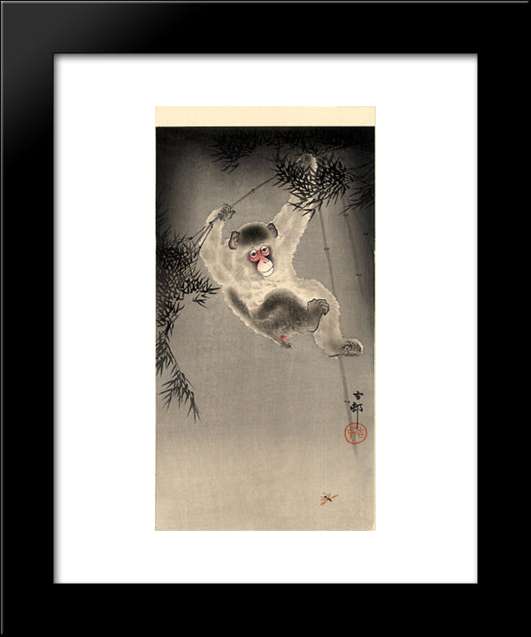 Monkey Swinging From A Bamboo Branch, Observing A Fly 20x24 Black Modern Wood Framed Art Print Poster by Koson, Ohara