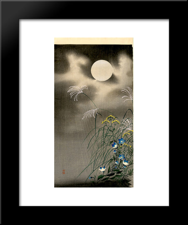 Moon And Blue Flowers 20x24 Black Modern Wood Framed Art Print Poster by Koson, Ohara