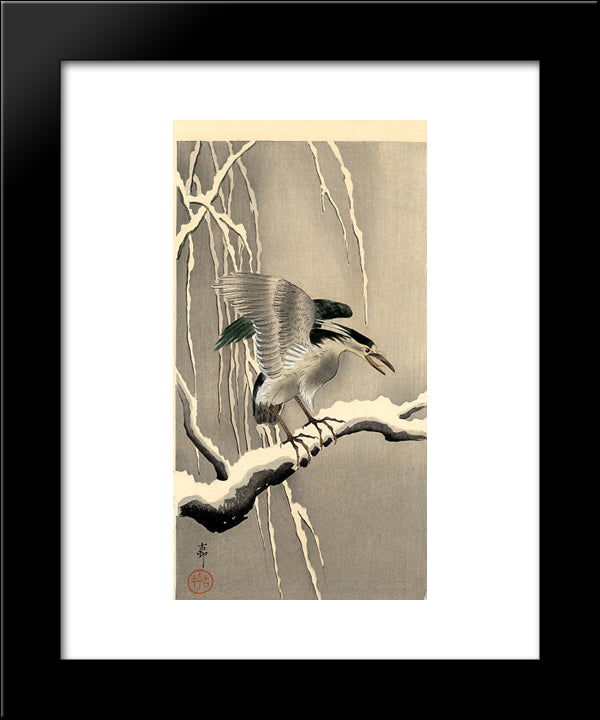 Night Heron On A Snowy Branch 20x24 Black Modern Wood Framed Art Print Poster by Koson, Ohara