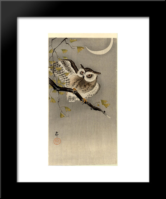 Owl On Ginkgo Branch (Scops Owl Under Crescent Moon) 20x24 Black Modern Wood Framed Art Print Poster by Koson, Ohara