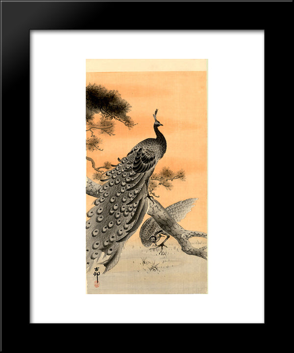 Peacock And Hen 20x24 Black Modern Wood Framed Art Print Poster by Koson, Ohara
