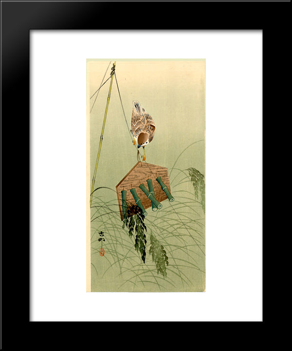 Sparrow And Scarecrow 20x24 Black Modern Wood Framed Art Print Poster by Koson, Ohara