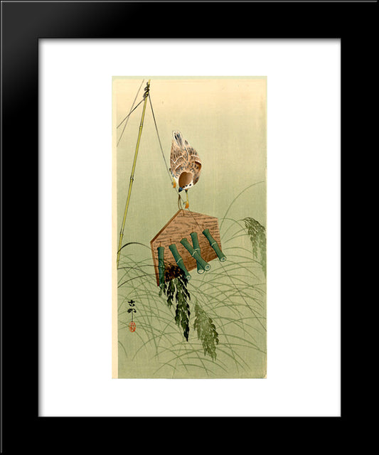 Sparrow And Scarecrow 20x24 Black Modern Wood Framed Art Print Poster by Koson, Ohara