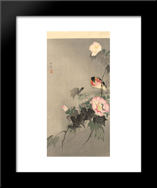 Stonechat And Blossoming Flower 20x24 Black Modern Wood Framed Art Print Poster by Koson, Ohara
