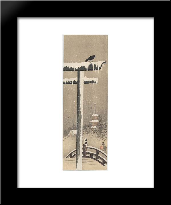 Torii And Crow In The Snow 20x24 Black Modern Wood Framed Art Print Poster by Koson, Ohara